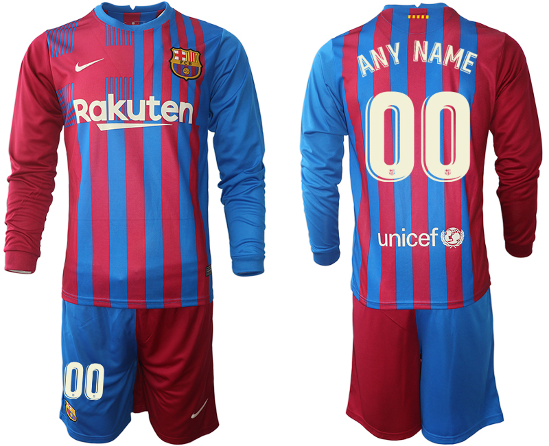 Men 2021-2022 Club Barcelona home red blue Long Sleeve customized Nike Soccer Jersey->barcelona jersey->Soccer Club Jersey